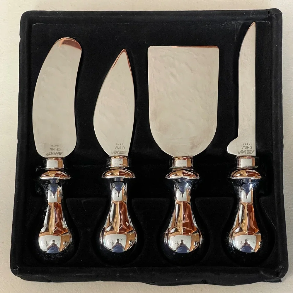 Stainless Steel 4pc Cheese Knives Set Weighted Chrome Handles NIB Gourmet Party